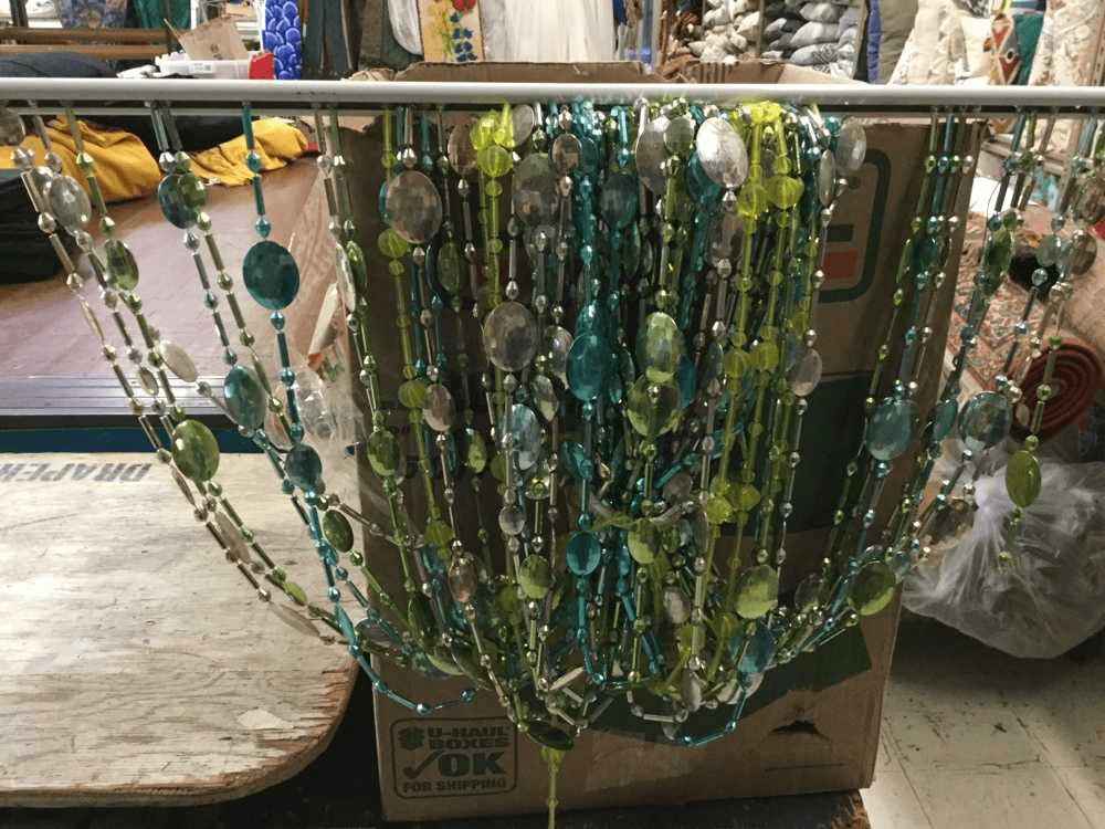 Plastic Beads 48" X 90" On H/D Track, Silver, Green, Aqua Blue - Vintage, Drapery, Beaded Curtains, Beaded Curtain, 22522636, from Universal Studios Prop House