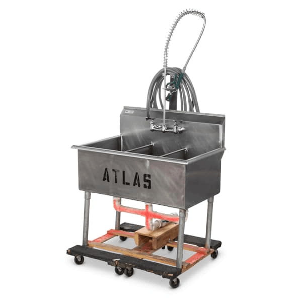 3 Compartment Stainless Steel Sink (39″W x 25.5″D x 35.5″H), from Atlas Event Rental