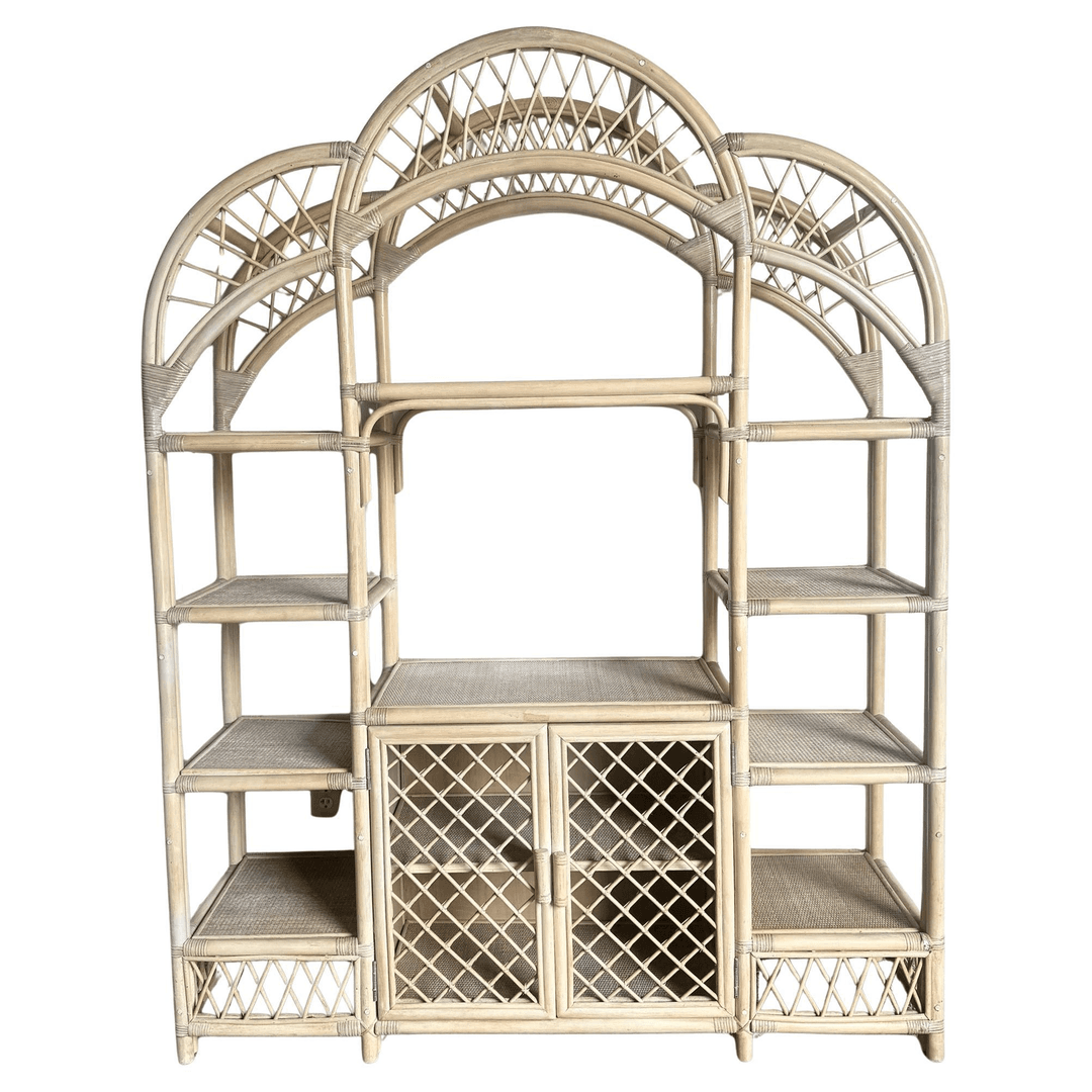 Boho Chic Blonde Rattan Arched Top Etagere, f_42090862, from Dolphin & Flamingo