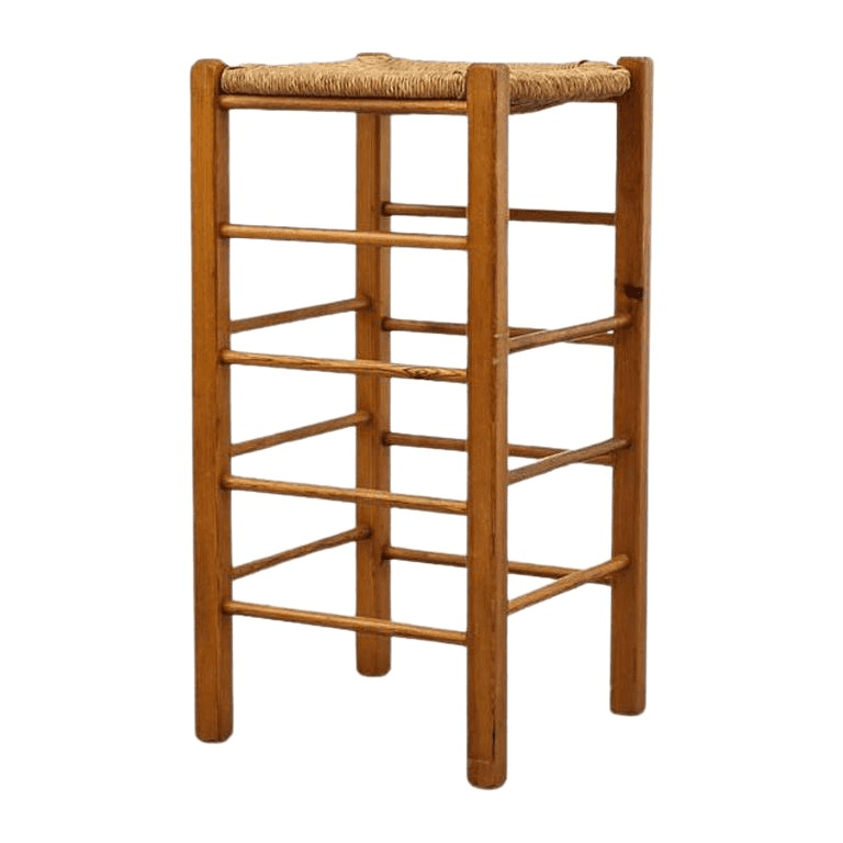 Charlotte Perriand Inspired Bar Height Stool in Oak with Rush Seat, f_35312602, from Amsterdam Modern