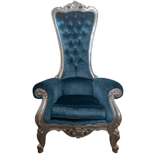 Medium Teal Blue/Silver Royal Throne Chair, from Platinum Prop House