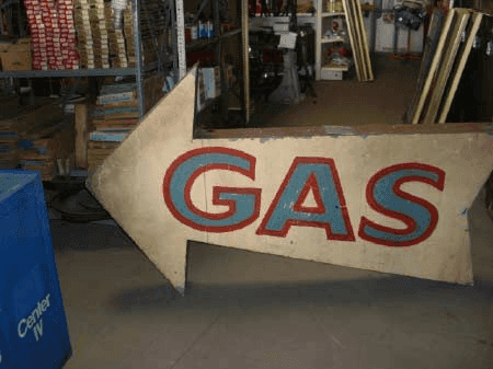 "Gas" arrow sign, double sided., from Alley Cats Props