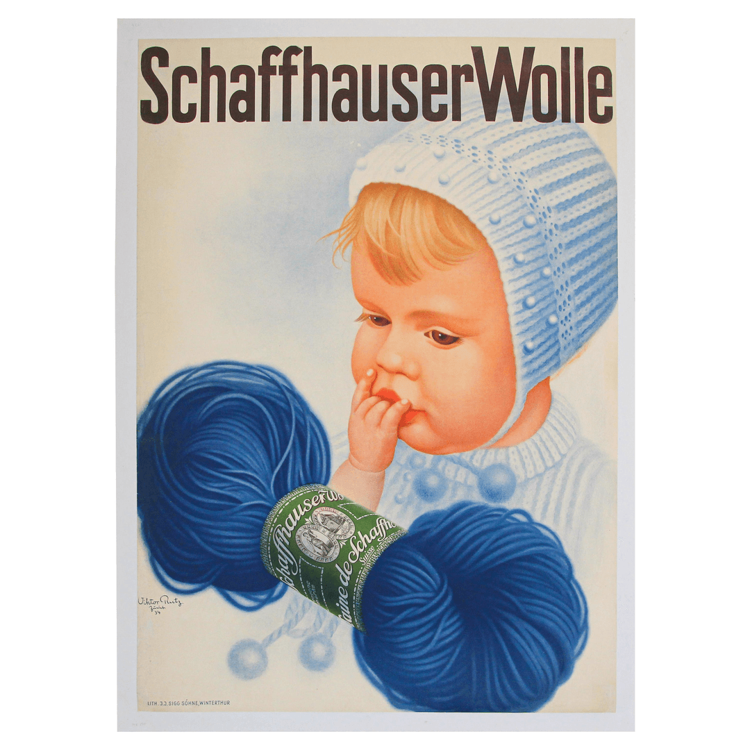 Swiss Schaffhauser Wolle Wool Yarn Knitting 1934 Baby Blue Vintage Poster, f_25598872, from Mosaik