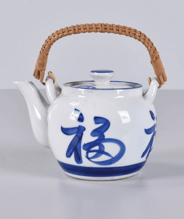 White and Blue Asian Teapot with Rattan Handle, 03583, from Everything Props