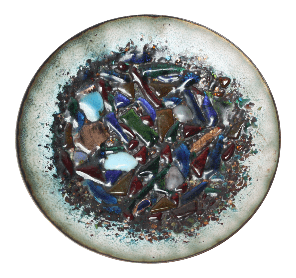 Modernist Green Enamel on Copper Dish With Glass Decoration, from Jarontiques