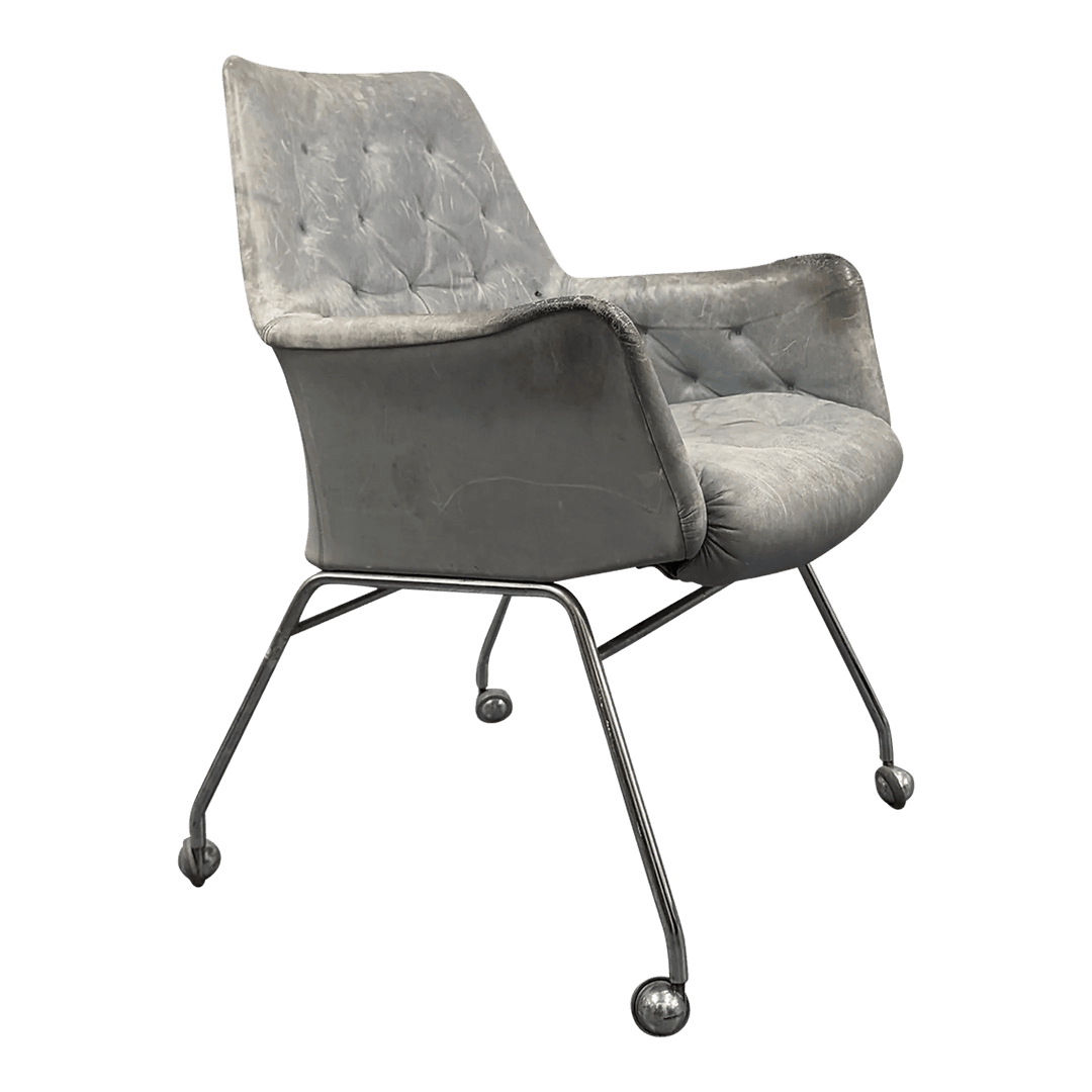 Mirja Dux Easy Chair Grey-Blue Colored Leather Cushions Scandinavian Modern 1970s, from Tiger Oak Brooklyn