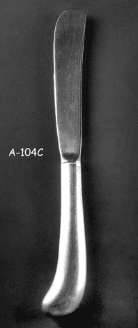 DINNER KNIFE: "Colonial" stainless steel Flatware with Fiddleback pattern, "Pistol" shape handle, A-104C, from Omega Cinema Props