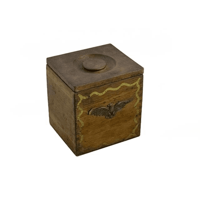 VINTAGE KITCHEN CANISTER-Square Wood W/Brass Eagle, 52410640, from propNspoon