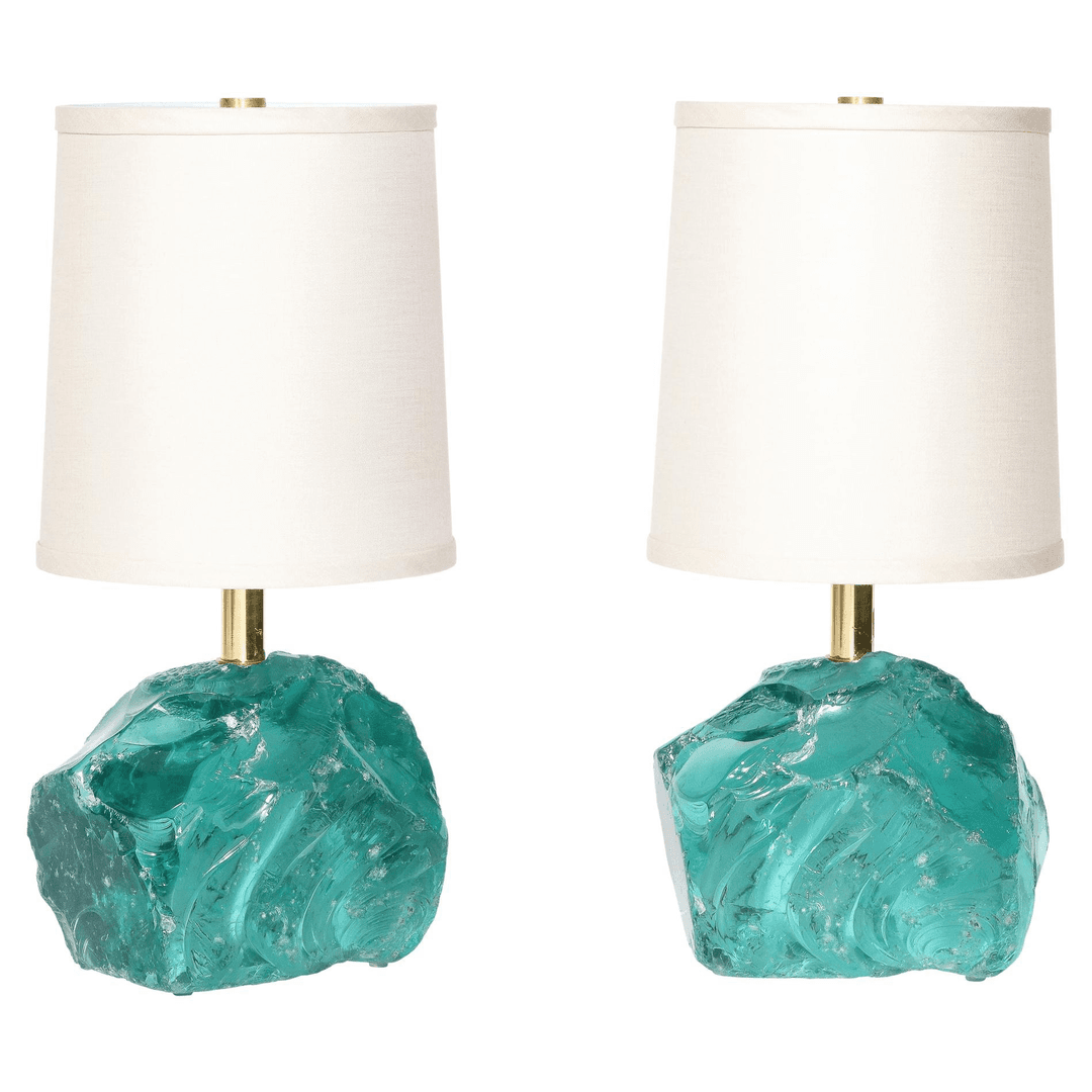 Pair of Modernist Hand-Cut Aquamarine Murano Glass Table Lamps, f_39384522, from High Style Deco