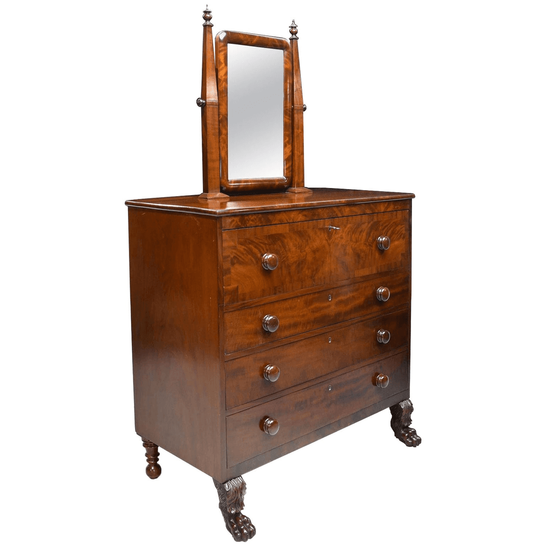 American Empire Chest of Drawers with Mirror in Mahogany, Maine, circa 1830, f_9901691, from Bonnin Ashley Antiques Inc