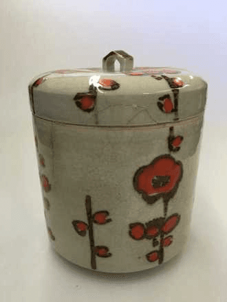 Vintage Japanese Stoneware Lidded Canister - Orange Floral Motif, 40001489, from Little Bohemia Rentals