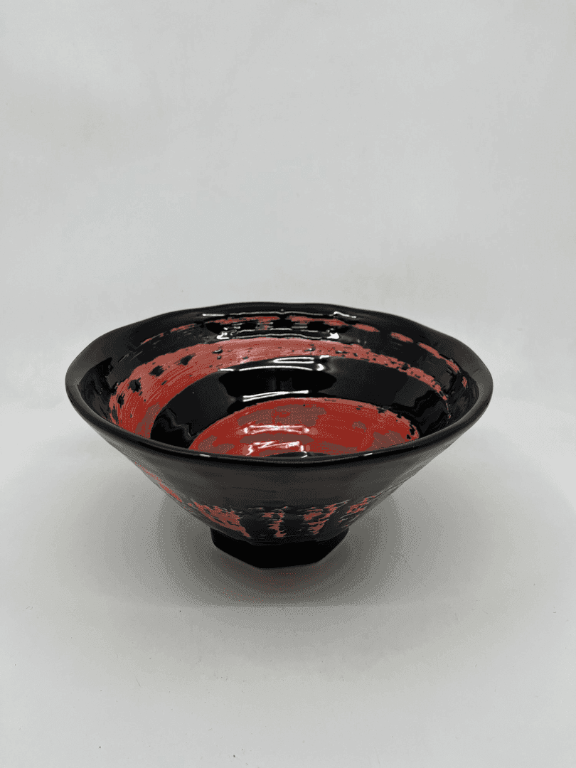 Black Hand-painted Ramen Bowl with Red Design, from Hero & Beauty Prop Rental