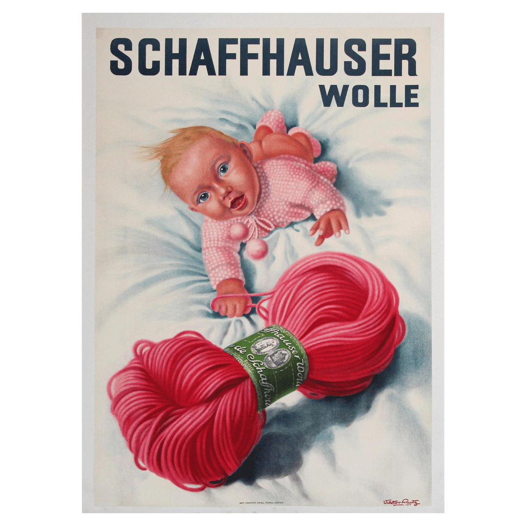 Vintage Poster Swiss Schaffhauser Wolle Wool Yarn Knitting 1935 Baby in Pink, f_25598892, from Mosaik