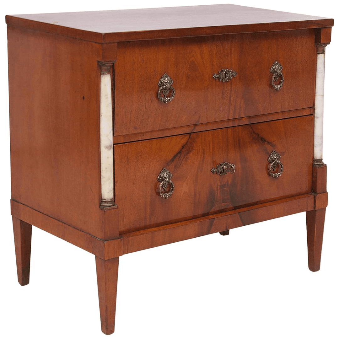 Small Empire Chest of Drawers in Mahogany with Marble Columns, Sweden, c. 1790, f_2184052, from Bonnin Ashley Antiques Inc