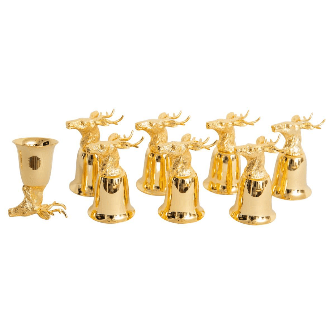 Set of 8 Gold Plated Stirrup Cups Goblets with Animal Heads, Stags, f_26483052, from Michel Contessa Antiques and More