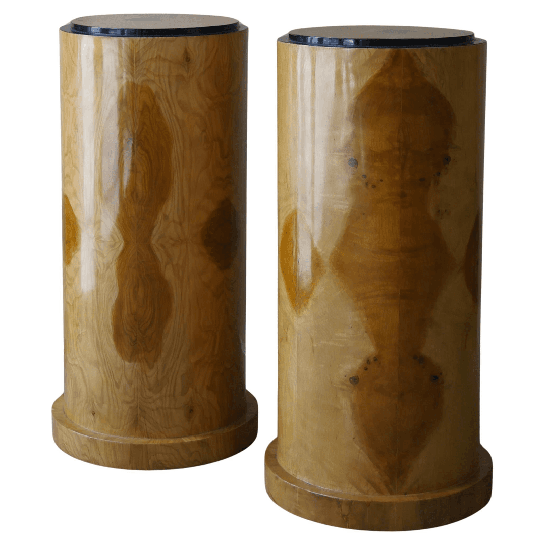 Pair of 1980s Burlwood Cylindrical Pedestals with Black Lacquer Tops, f_45479372, from Casa de Barcelona