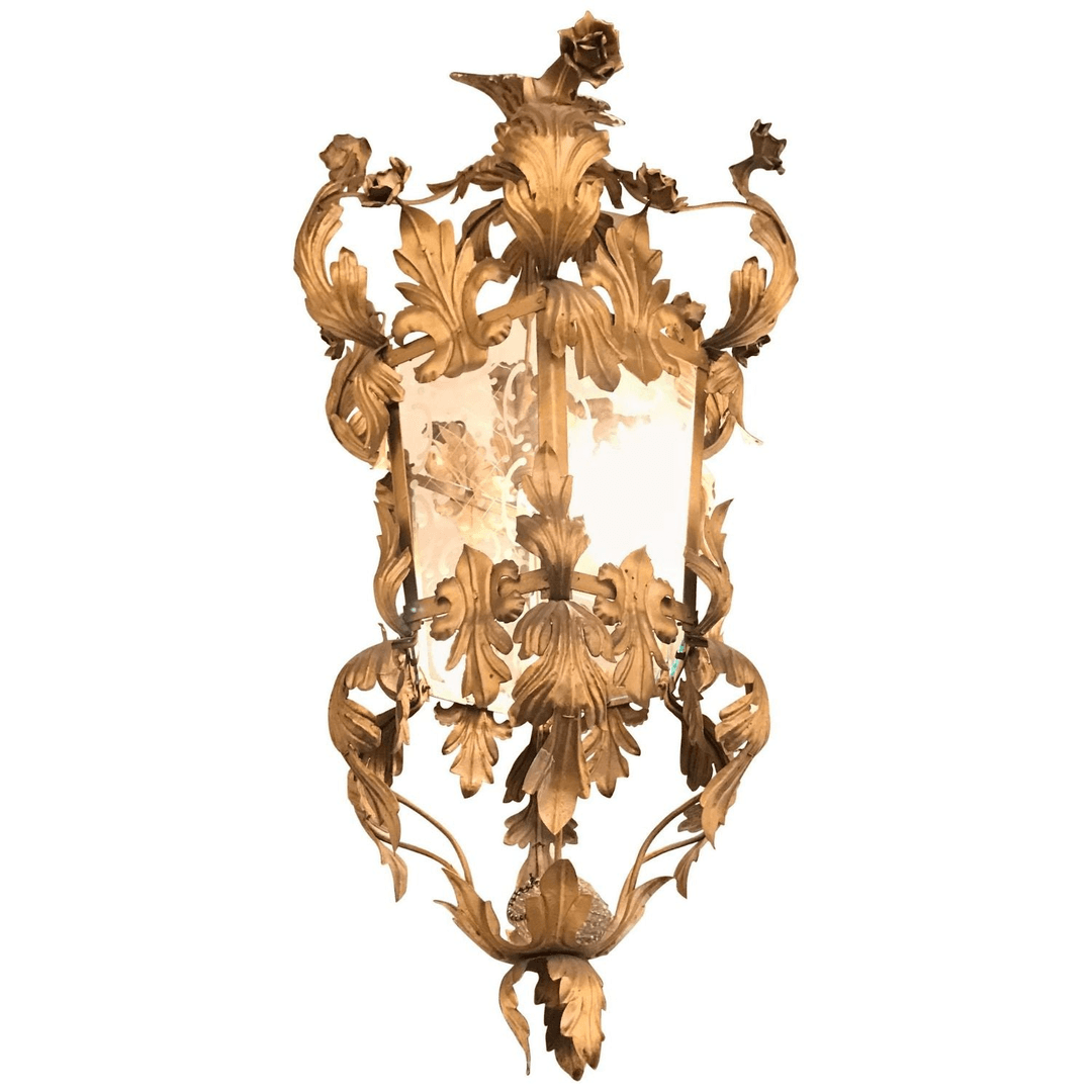 Hollywood Regency Gilt Metal Etched Glass Hanging Lantern, 101-, from Greenwich Living Design