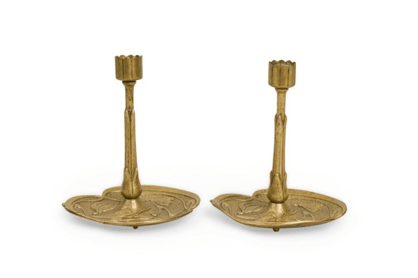 2 Austrian Art Nouveau Bronze Lily Candlesticks, 032107, from Newel Props