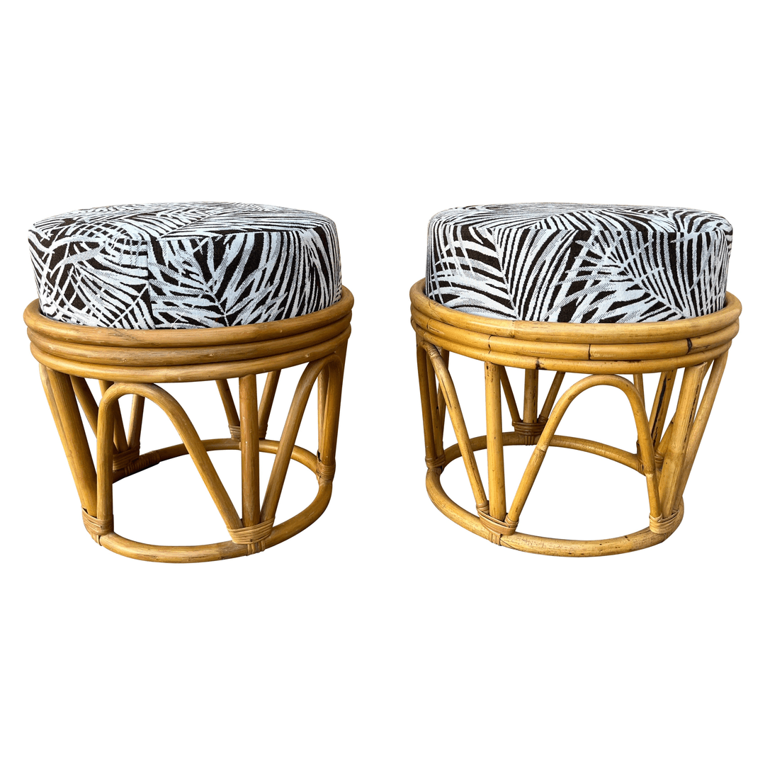 A pair of Bohemian Coastal Style Rattan Footstools / Ottomans. Circa 1980s, f_45946692, from Kase Vintage