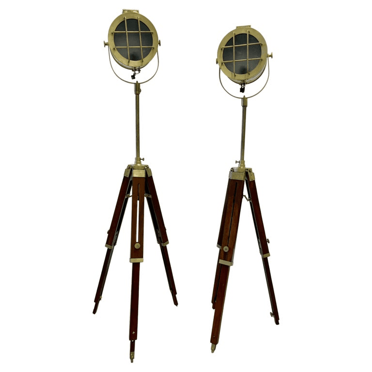 Pair of Industrial Style Search Lights, Mahogany Tri-Pod Base, 1013435, from Greenwich Living Design