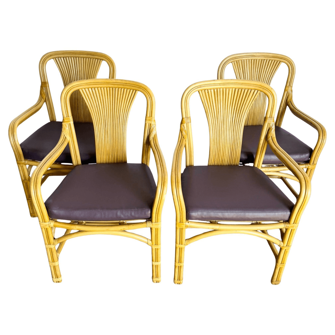 Boho Chic Rattan Dining Arm Chairs With Purple Cushions - Set of 4, f_45464952, from Dolphin & Flamingo