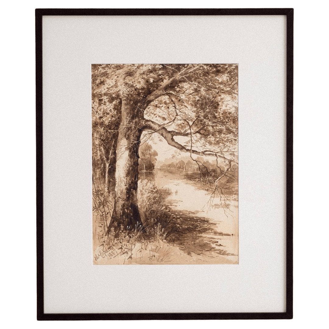 Framed Sepia Tone Watercolor Landscape, 1887, f_42575632, from Fenestella
