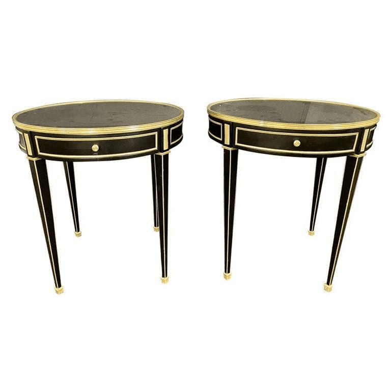 Hollywood Regency Ebony Bouillote or End Tables, Manner Jansen Mirror Tops, Pair, 450-3, from Greenwich Living Design
