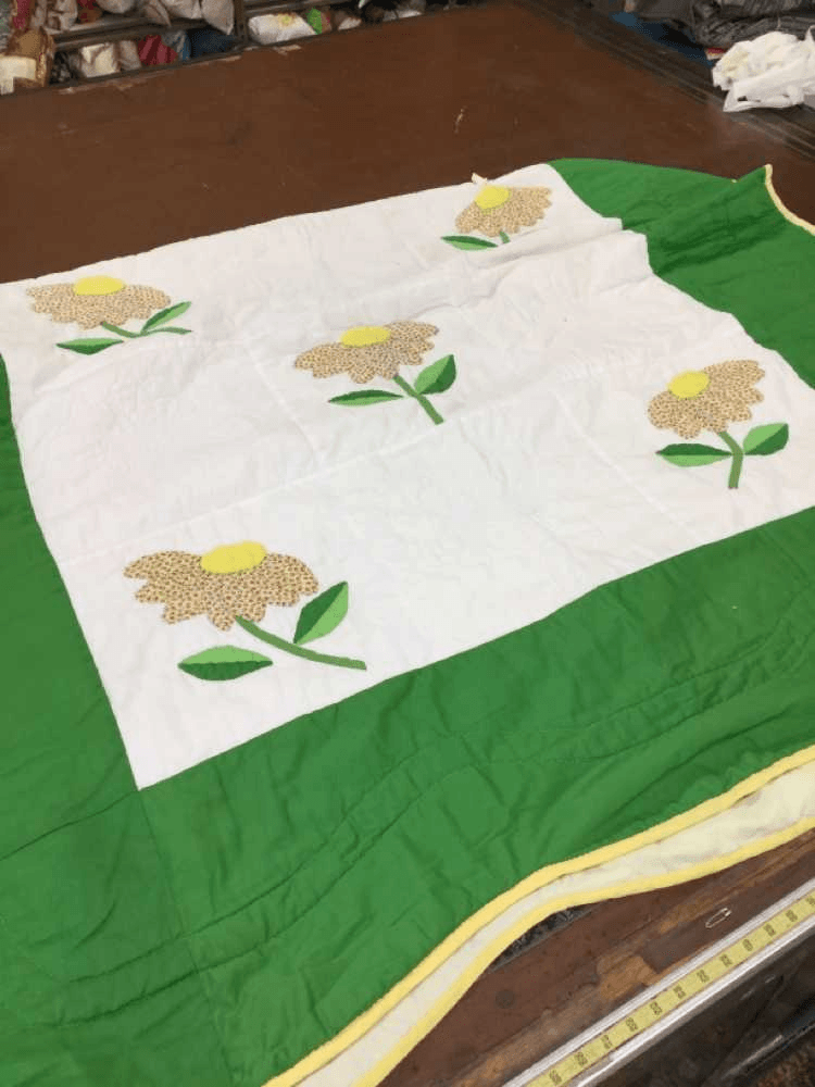 Twin Bedspread, White With Green And Yellow Quilted Floral, Drapery, Beaded Curtains, Beaded Curtain, No Visible Wear And Tear, 22076403, from Universal Studios Prop House
