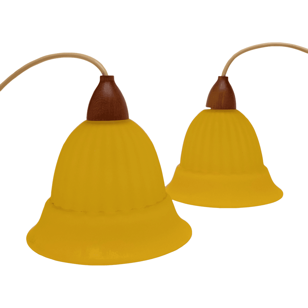 A Pair Small Danish Yellow Glass Pendent Lamps, from Tiger Oak Brooklyn