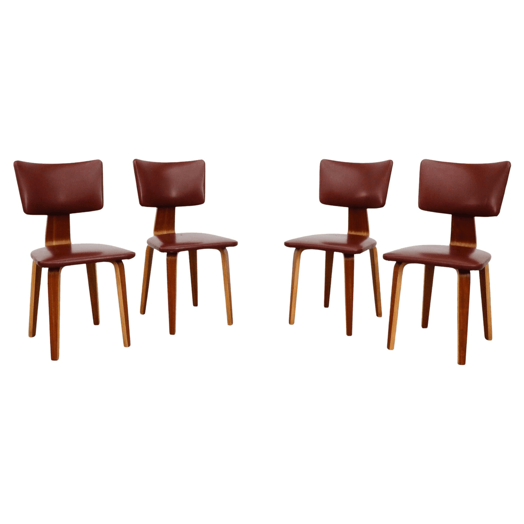 Set of Four Cor Alons Teak and Burgundy Skai Side or Dining Chairs, f_37178492, from Amsterdam Modern