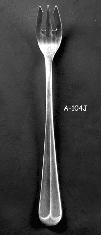 COCKTAIL FORK: "Colonial" stainless steel Flatware with Fiddleback pattern, A-104J, from Omega Cinema Props