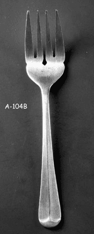 SALAD FORK: "Colonial" stainless steel Flatware with Fiddleback pattern, A-104B, from Omega Cinema Props