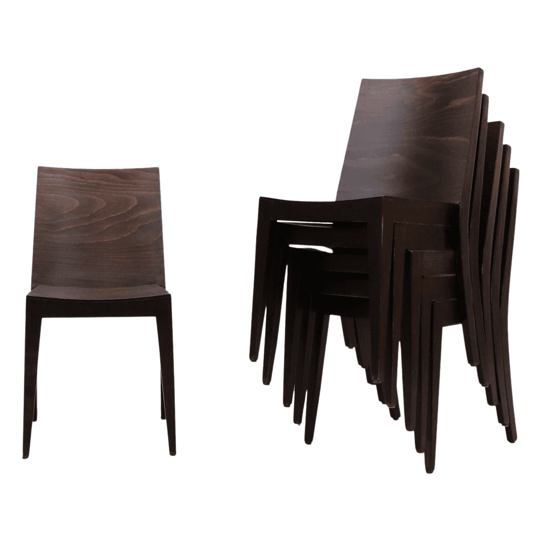 Modernist Philippe Starck Style Square Back Dark Stained Wood Stacking Chairs, f_27276402, from Amsterdam Modern