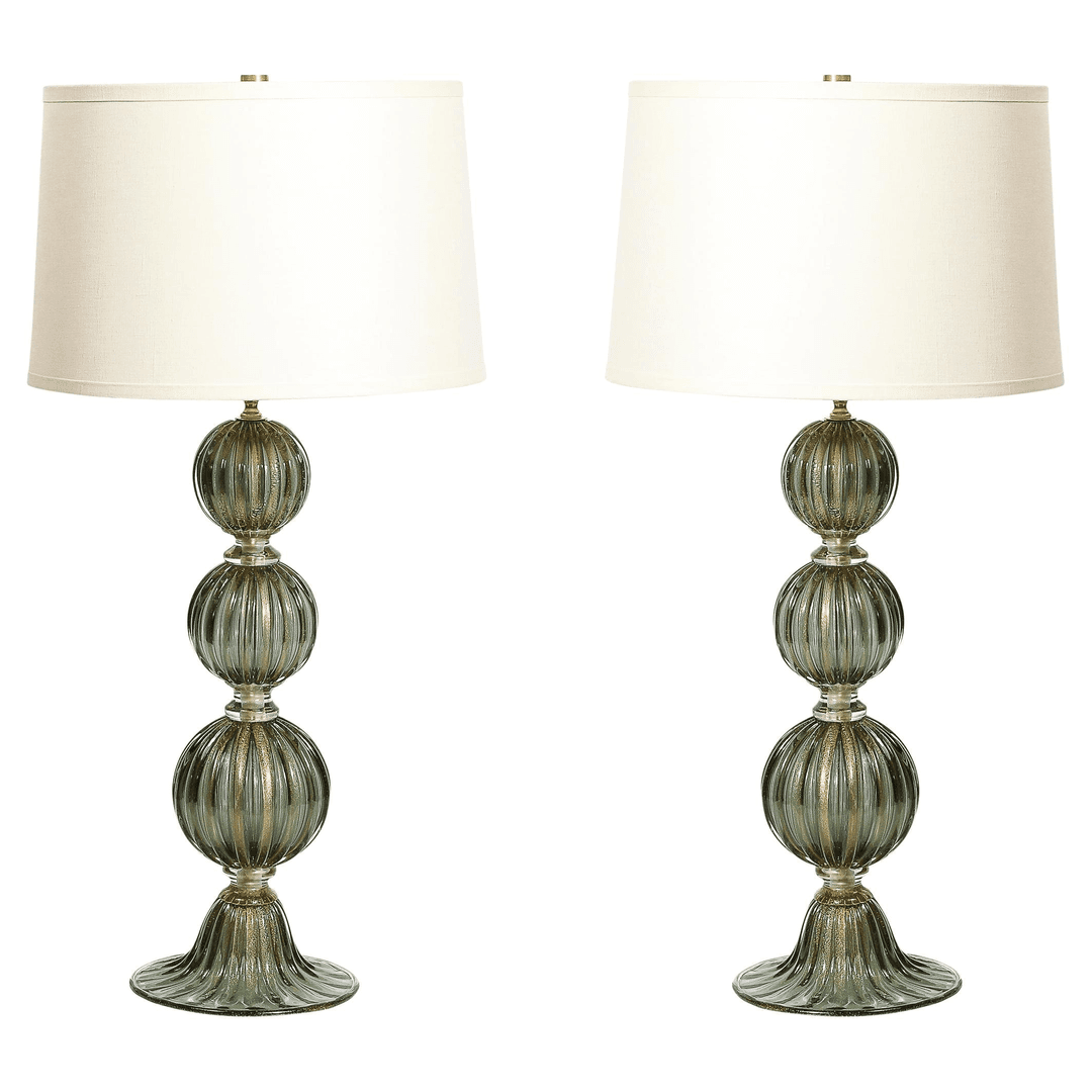 Modernist Hand-Blown Smoked Emerald Murano Glass Fluted Stacked Ball Table Lamps, f_45965692, from High Style Deco