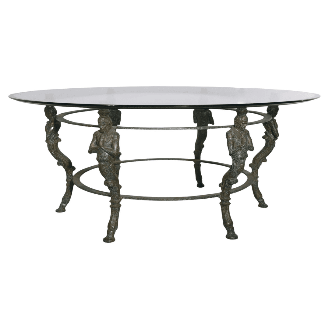 Greco Roman Revival Faux Ver Di Gris Glass Top Coffee Table Ca 1970's, f_29690262, from Barbarella Home