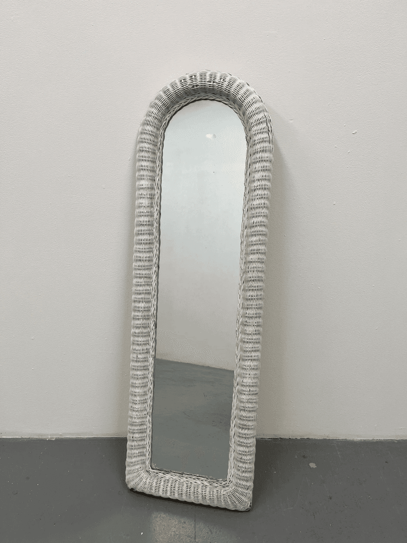 A2B Vintage White Woven Wicker Arched Leaning Mirror, DM066, from Primate Props