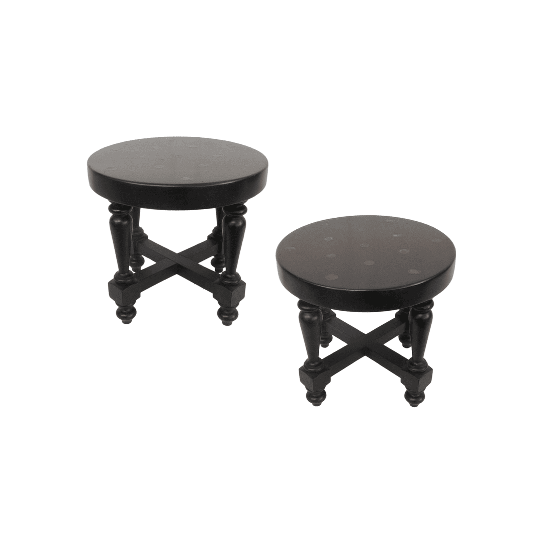 Pair of Low Turned Wood Stools or Side Tables with Inset Coins, from The Window