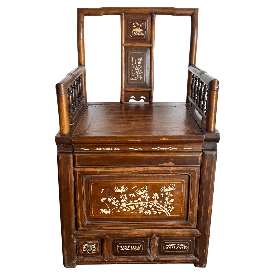 Antique Chinese Qing Dynasty Style Inlayed and Carved Storage Chair, f_45464922, from Dolphin & Flamingo