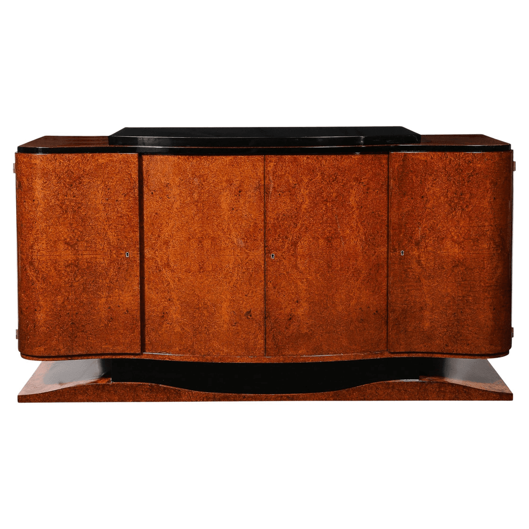 Art Deco Sideboard in Burled & Bookmatched Amboyna Wood w/ Black Lacquer Detail, f_39285732, from High Style Deco