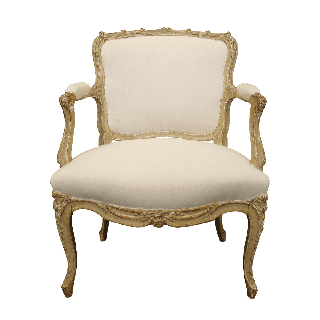 19th C. French Distressed Edge Wood Linen Chair, from Galle 49