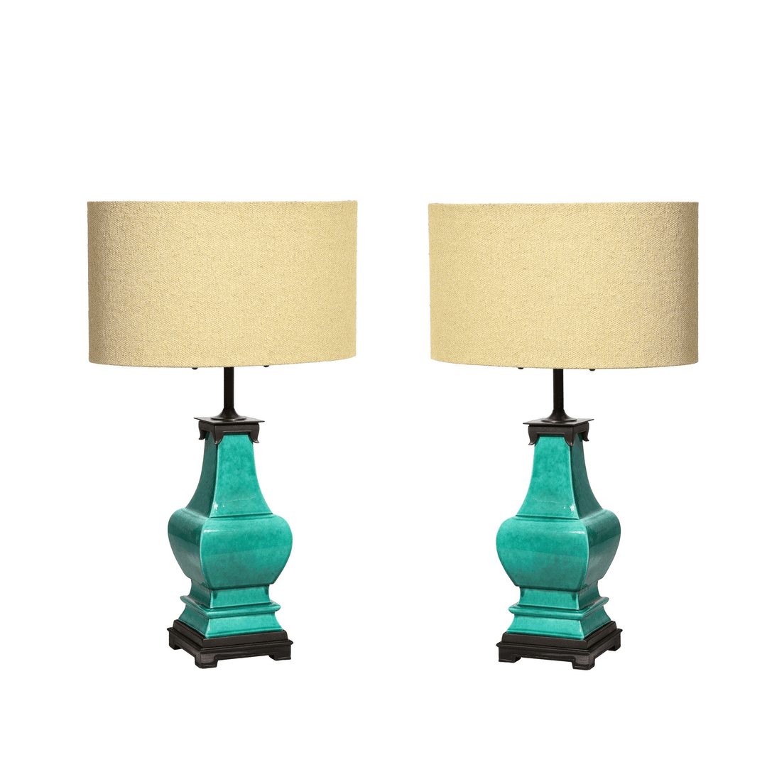 Mid-Century Modernist Ceramic Turquoise Jade Table Lamps w/ Bronze Fittings, f_35726262, from High Style Deco
