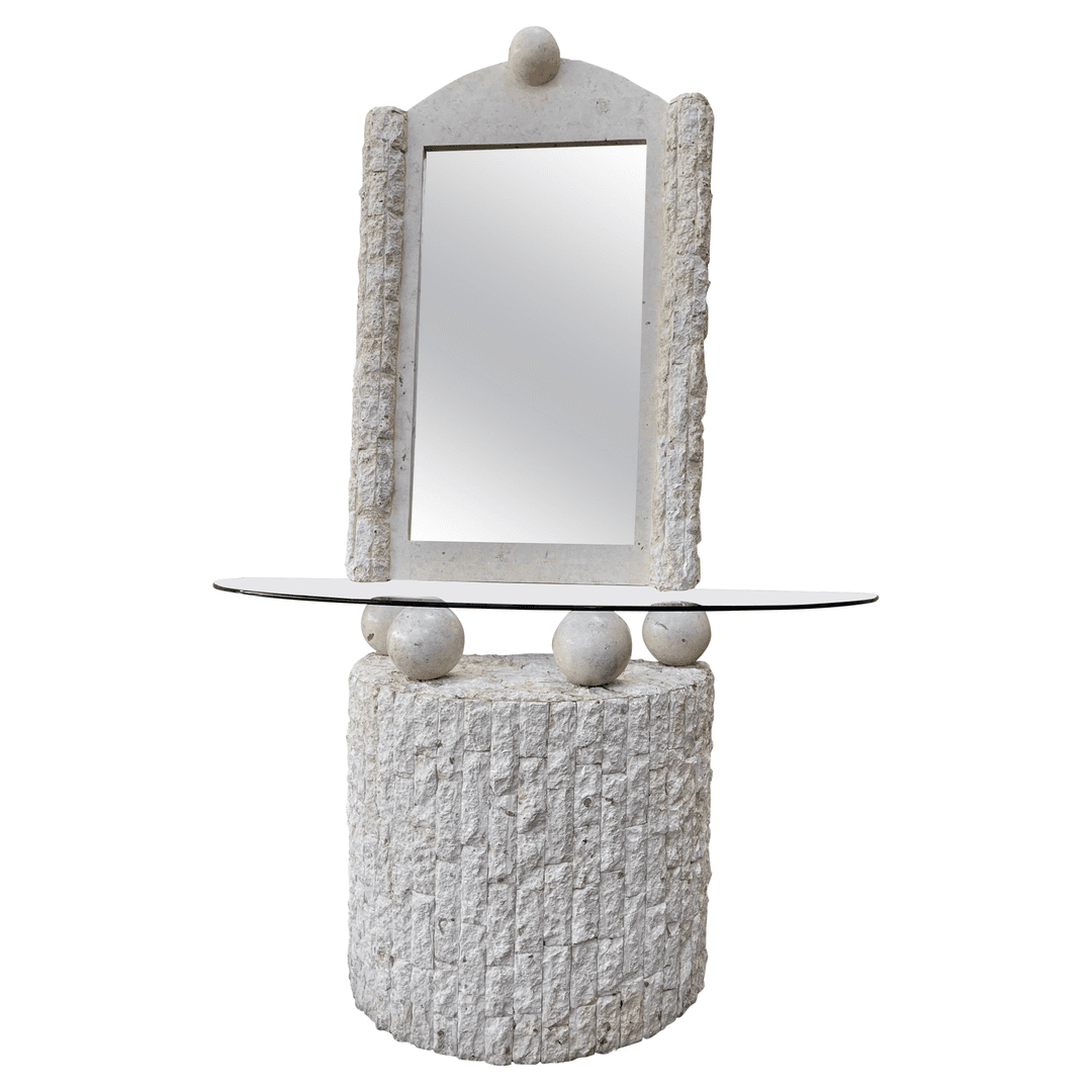 Postmodern Natural Mactan Stone Entry Console Table With Wall Mirror. C 1990s, f_45556972, from Kase Vintage