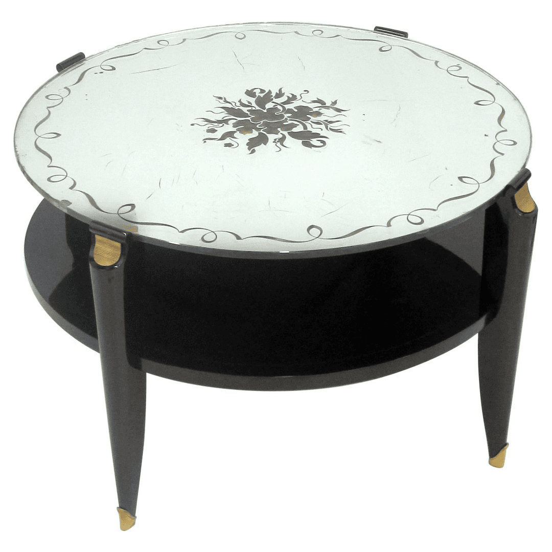 French Art Deco Coffee Table in Exotic Wood with Églomisé Mirror Top, f_7900393, from Deco Dreams