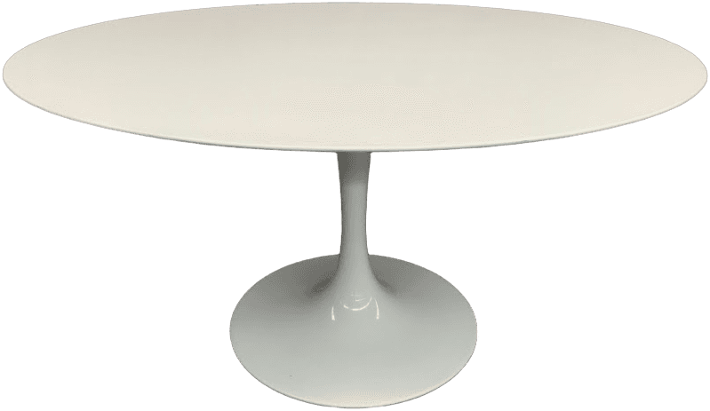 Eero Saarinen Pedestal Dining Table, Oval Shaped White Carrara Marble Top. Base Diameter 26", High End Warehouse, White, Dining Table, Table, New, 35.5"W, 60" L, 28.5"H, Sarrinen, UNIVERSAL, Marble, Cast Aluminum, 31110074, from Universal Studios Prop House
