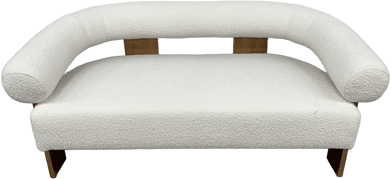 Oak-Framed White Loveseat, Small Sofa, Sette, Seat Height 18" 1 Of 2, Warehouse, White, Brown, Loveseat, Sofas, Lt. Brown, Off-white, No Visible Wear And Tear, 30" H, 63" L, 29" D, UNIVERSAL, Bouclé, Oak, 31119713, from Universal Studios Prop House