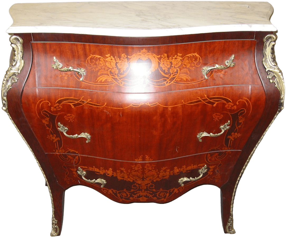Bombe Commode/Chest, Mahogany With Marquetry & Ormolu, White Marble Top 3 Drawers, Louis XV Style , Warehouse, Mahogany , Commode, Commode, No Visible Wear And Tear, 46'W, 39"h, 20"d, Mahogany, Mahogany Veneer, Reproduction, 30022888, from Universal Studios Prop House