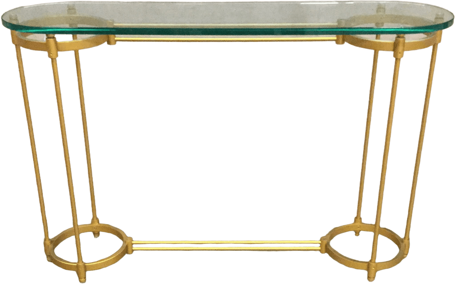 Glass Console Table, Oval Top, Open Frame Double Cylinder Base With Gold Finish, Warehouse, Gold, Console Table, Table, 48"W, 12"D, 32"H, UNIVERSAL, Glass, Steel, 32126984, from Universal Studios Prop House