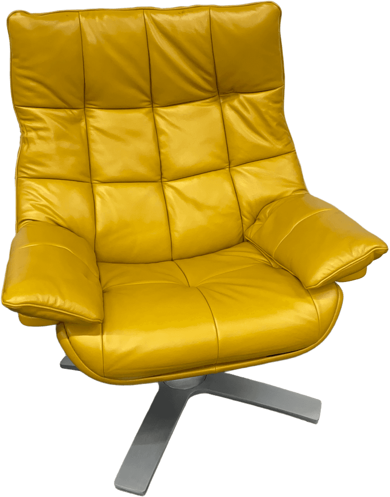 Modern Italian Re-Vive Quilted Leather Lounge Chair, Matching Ottoman, Casual Revive Recliner. Ottoman Barcode # 31118565, Warehouse, Yellow, Mustard, Lounge Chair, Chairs, Silver, Normal Wear And Tear, 43.5"H, 34" W, 27" D, Natuzzi, Revive, UNIVERSAL, Leather, Steel, 31118564, from Universal Studios Prop House